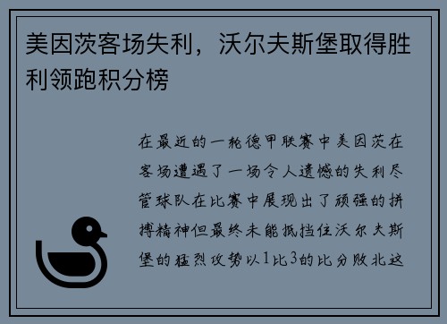 美因茨客场失利，沃尔夫斯堡取得胜利领跑积分榜